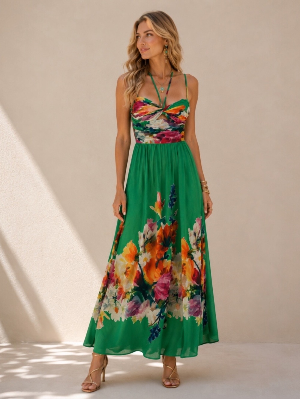 $259 Betsy & Adam Women's Green Long Placement HMC Printed Tie Neck Dress Sz 6
